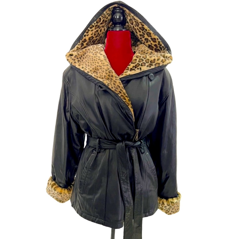 Vintage hooded leather coat w/ leopard print fur by Wilson Leather